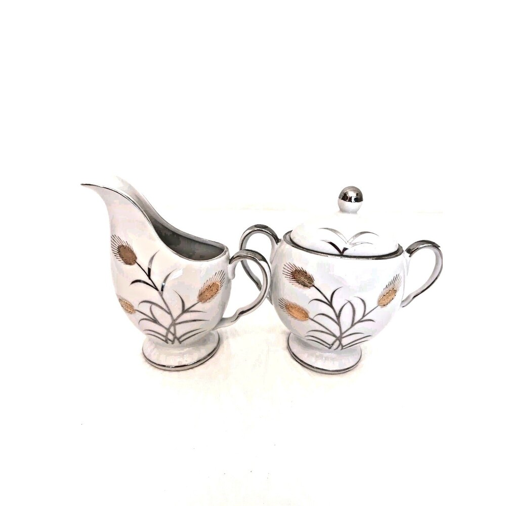 Norcrest Fine China GW-17 Sugar Bowl Lid & Creamer Set Wheat Gold Platinum Trim
